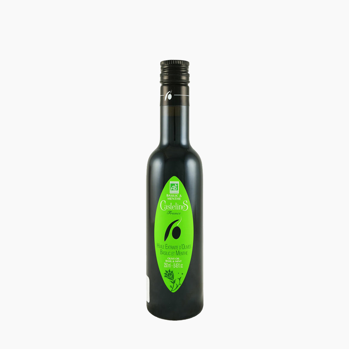 250 ml bottle of Castelines Basil & Mint Olive Oil from Provence, France.