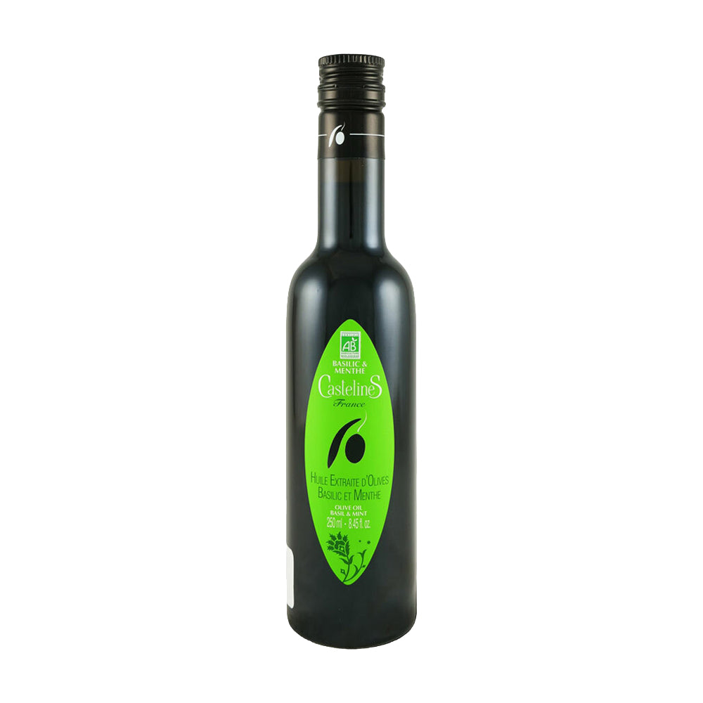 250 ml bottle of Castelines Basil & Mint Olive Oil from Provence, France.