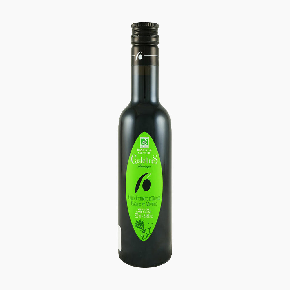 250 ml bottle of Castelines Basil & Mint Olive Oil from Provence, France.