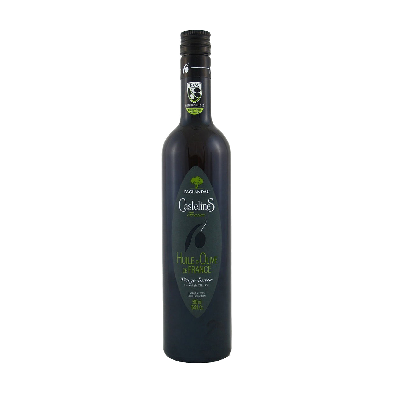 500 ml bottle of Castelines L'Aglandau extra virgin olive oil from France.