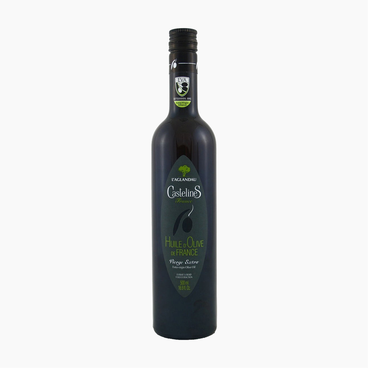 500 ml bottle of Castelines L'Aglandau extra virgin olive oil from France.