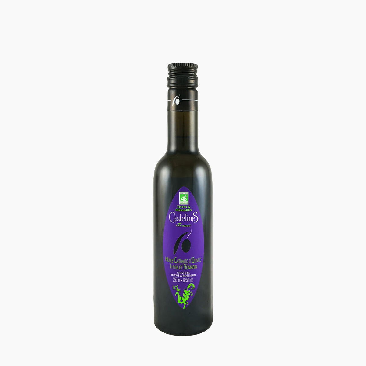 250 ml bottle of Castelines Thyme & Rosemary Olive Oil from France.