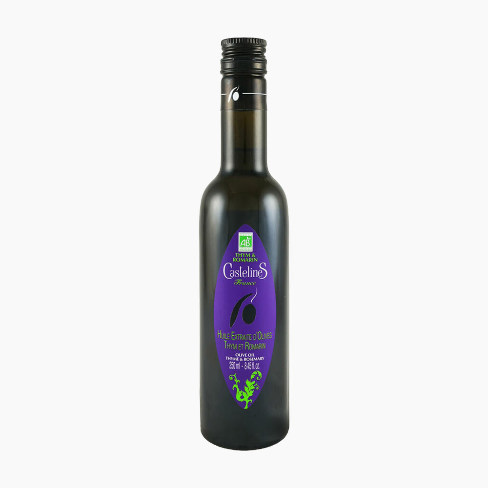 250 ml bottle of Castelines Thyme & Rosemary Olive Oil from France.