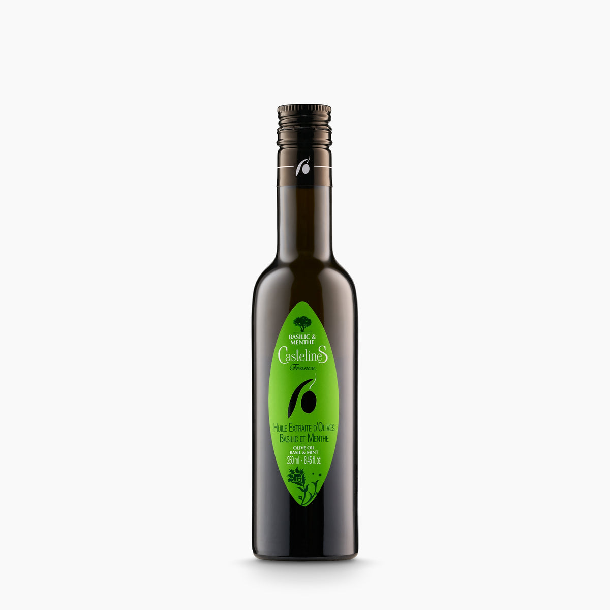250 ml bottle of Castelines Basil & Mint Olive Oil from Provence, France.