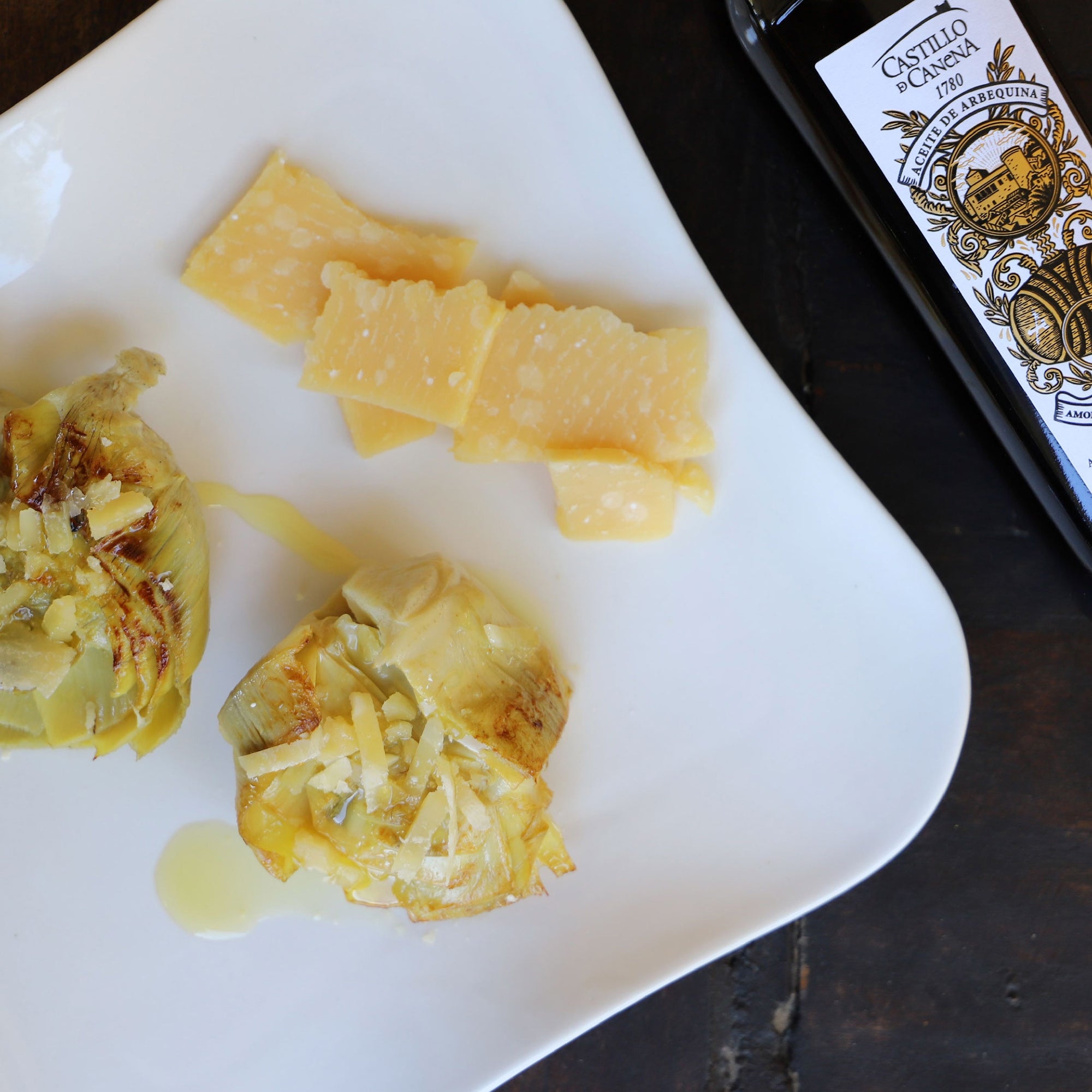 Artichokes and Parmesan served with Castillo de Canena Arbequina Amontillado Sherry Cask olive oil.