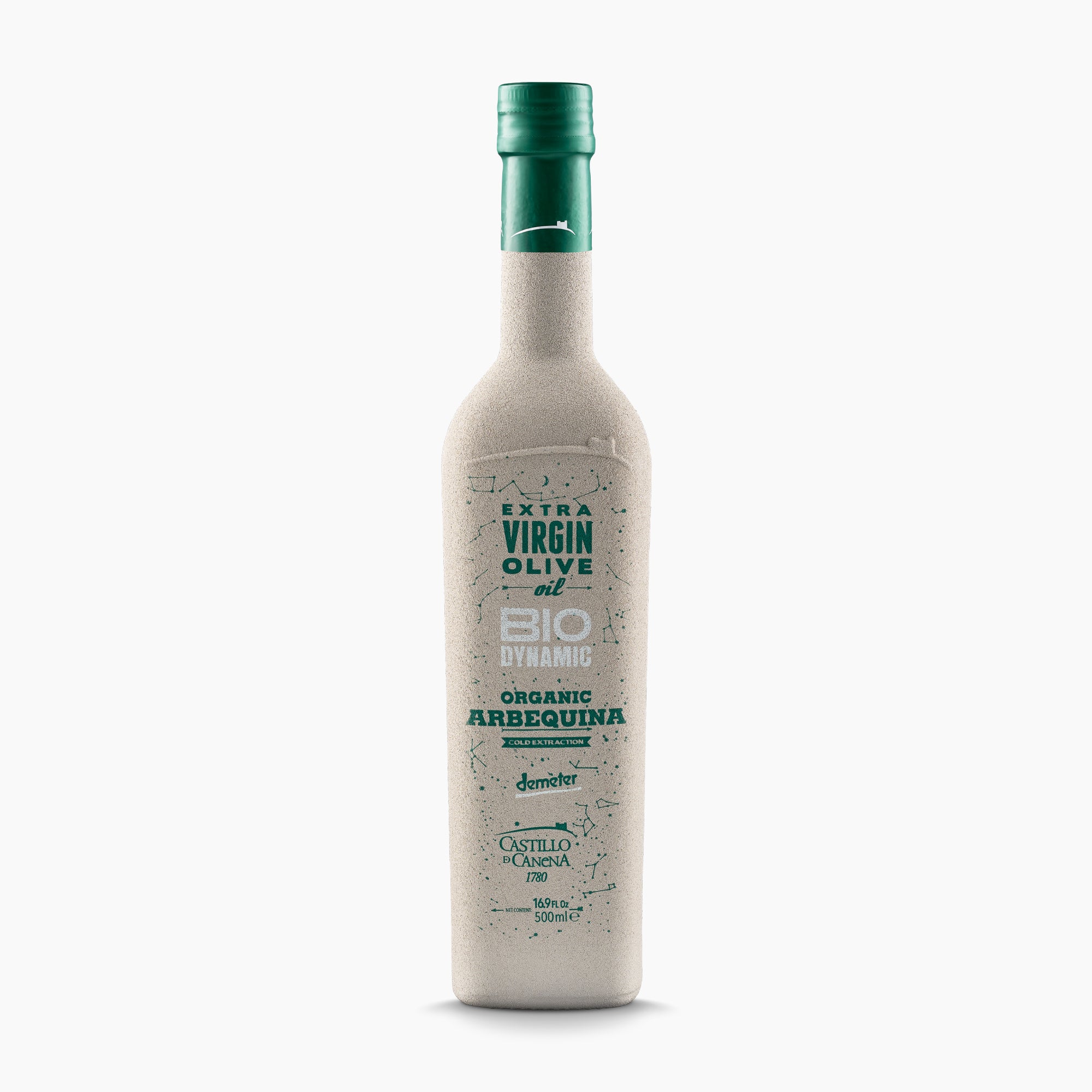 500 ml bottle of Castillo de Canena Biodynamic Arbequina extra virgin olive oil.