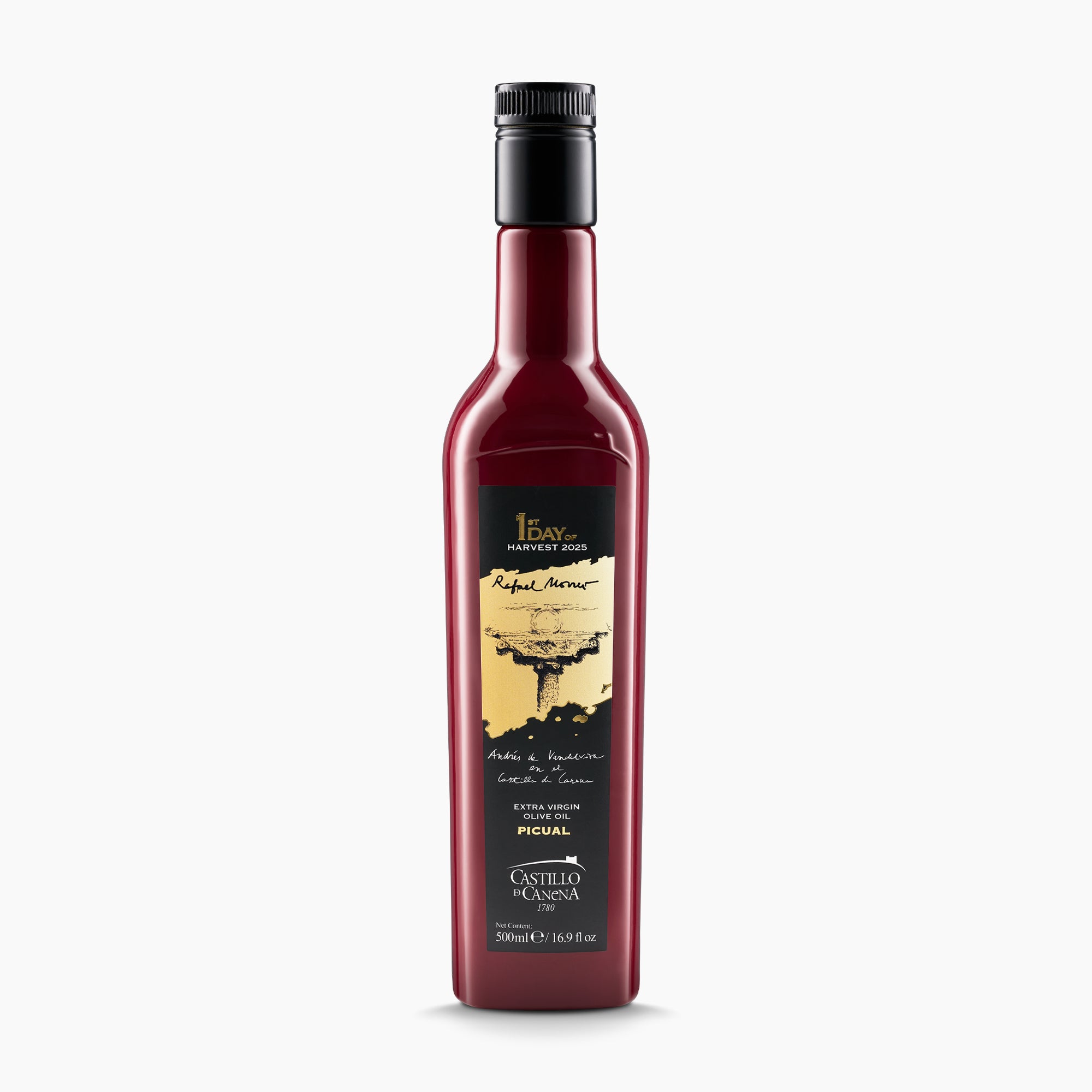 A 500 ml bottle of Castillo de Canena First Day Harvest Picual extra virgin olive oil from Andalusia, Spain.