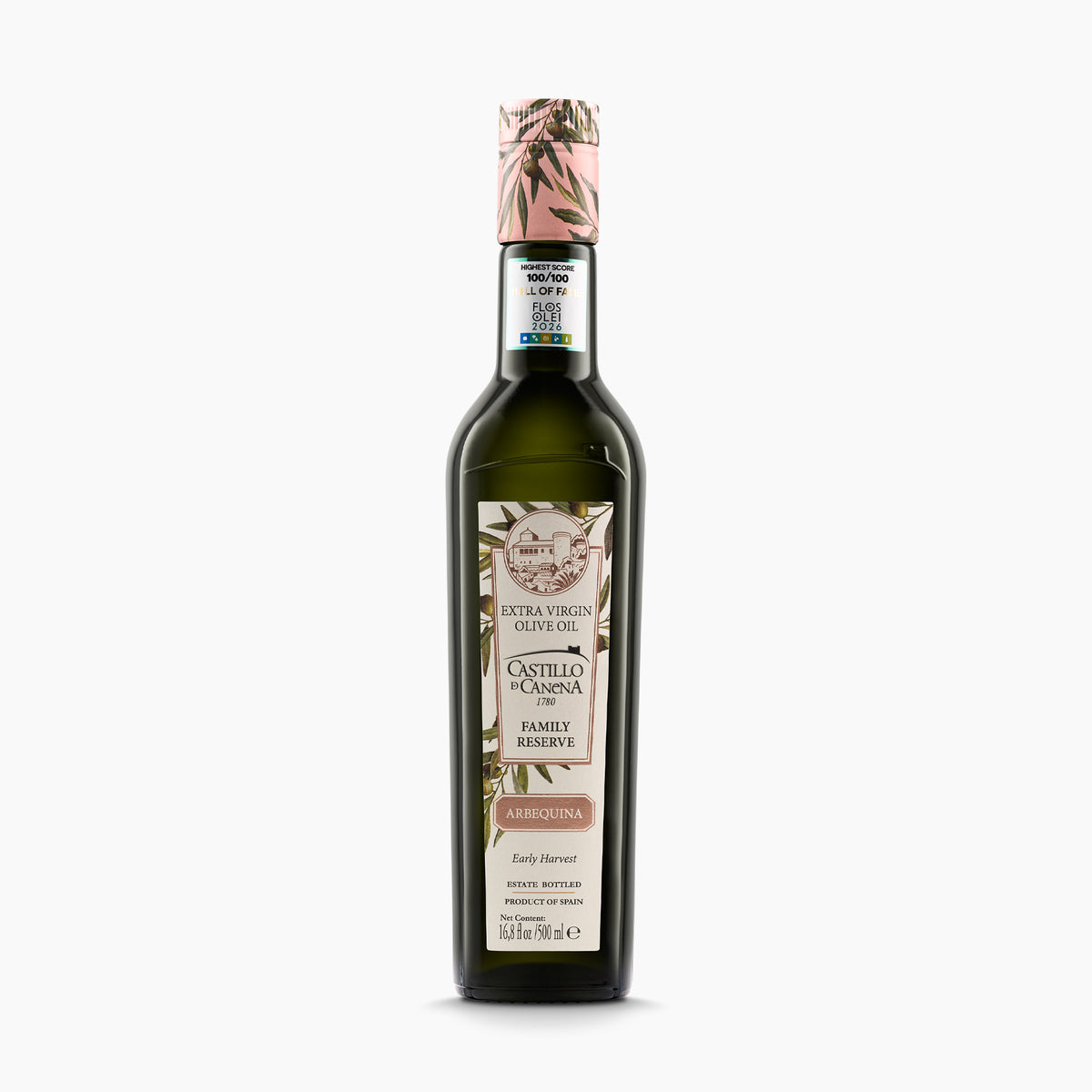 Castillo de Canena Family Reserve Arbequina 500 ml extra virgin olive oil bottle from Andalusia, Spain.