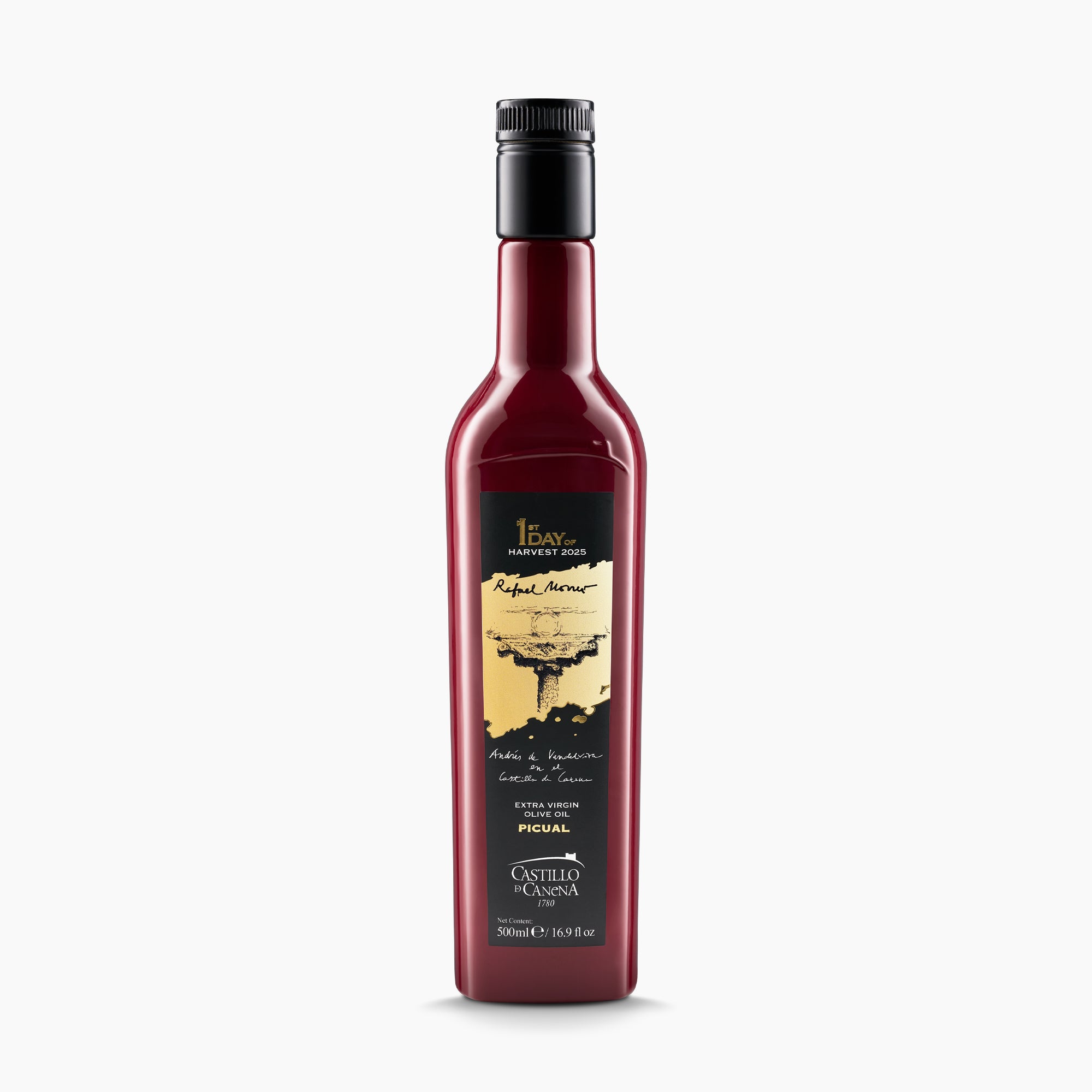 A 500 ml bottle of Castillo de Canena First Day Harvest Picual extra virgin olive oil from Andalusia, Spain.