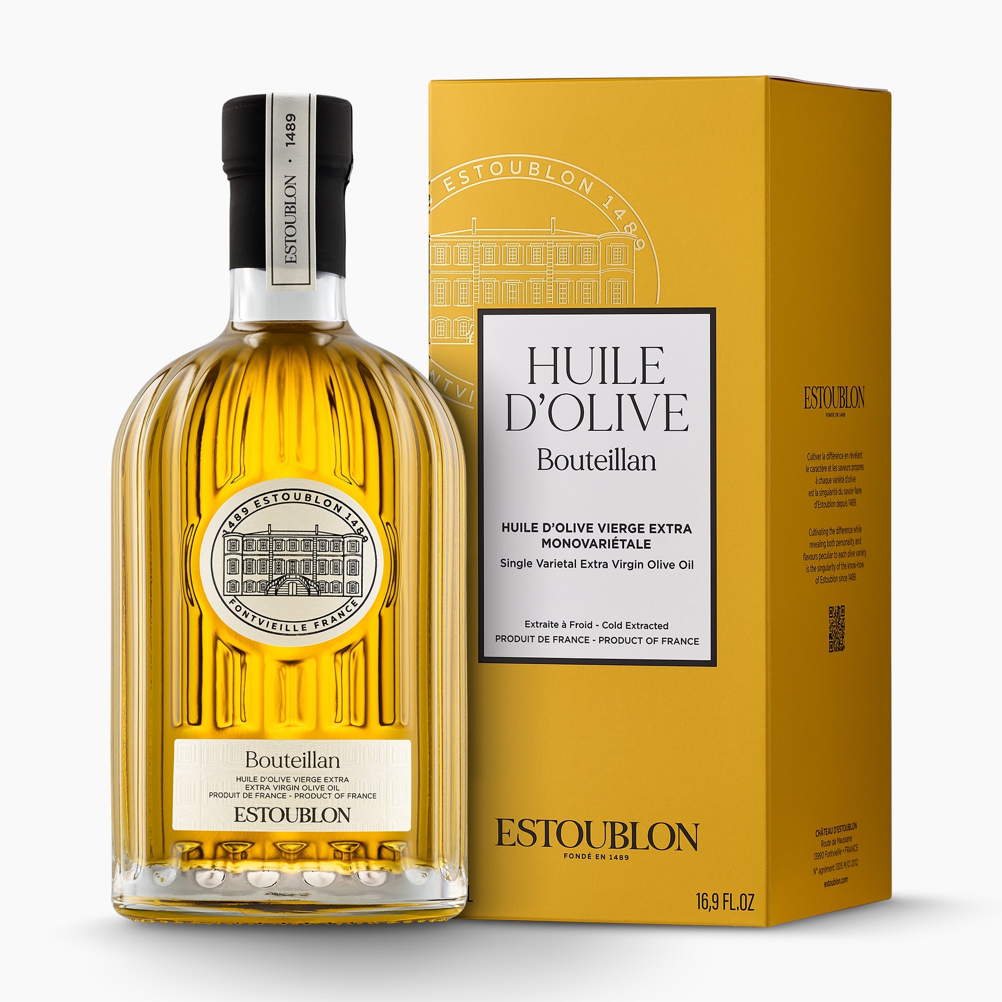 500 ml bottle of Estoublon Bouteillan extra virgin olive oil with its gift box.