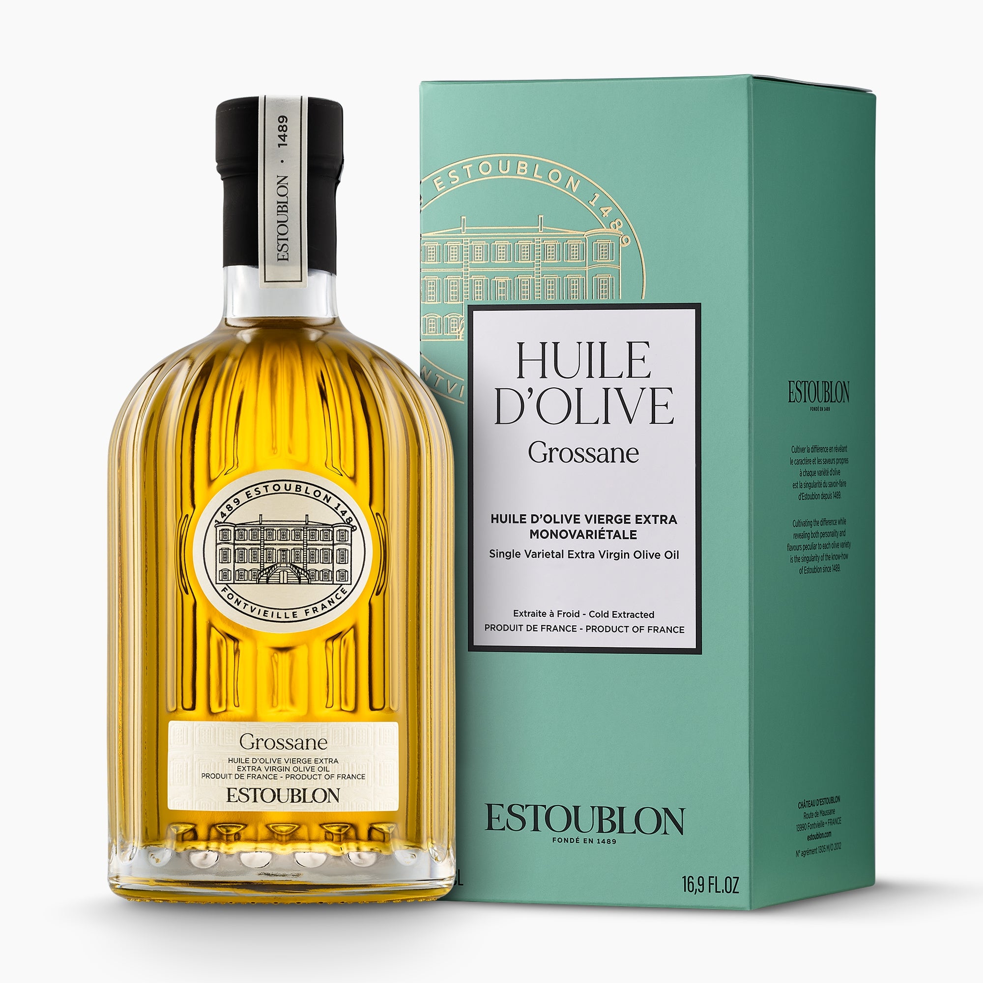 Estoublon Grossane extra virgin olive oil, 500 ml bottle with its gift box.