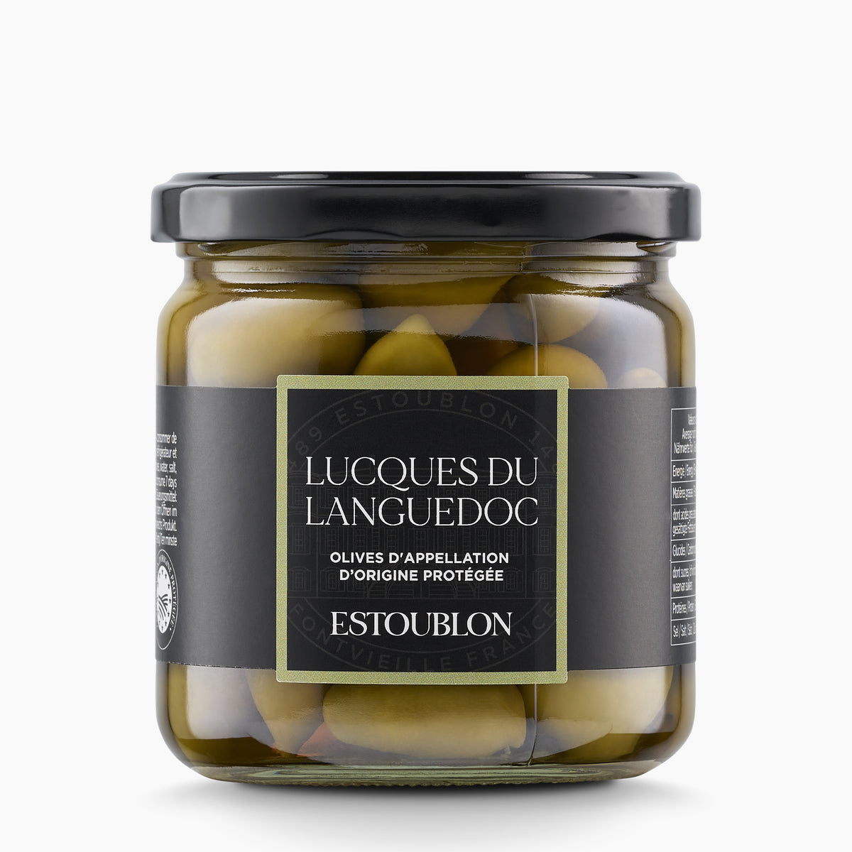 Estoublon Lucques Olives de Languedoc AOP from France in a 380g glass jar.