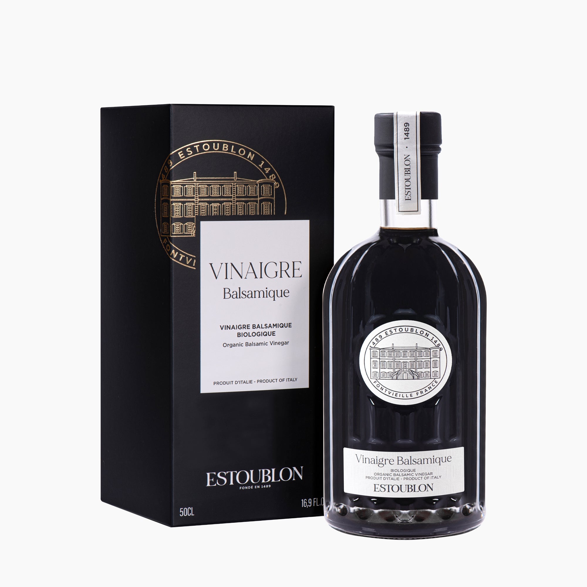 500 ml bottle of Estoublon Organic Balsamic Vinegar beside its gift box.