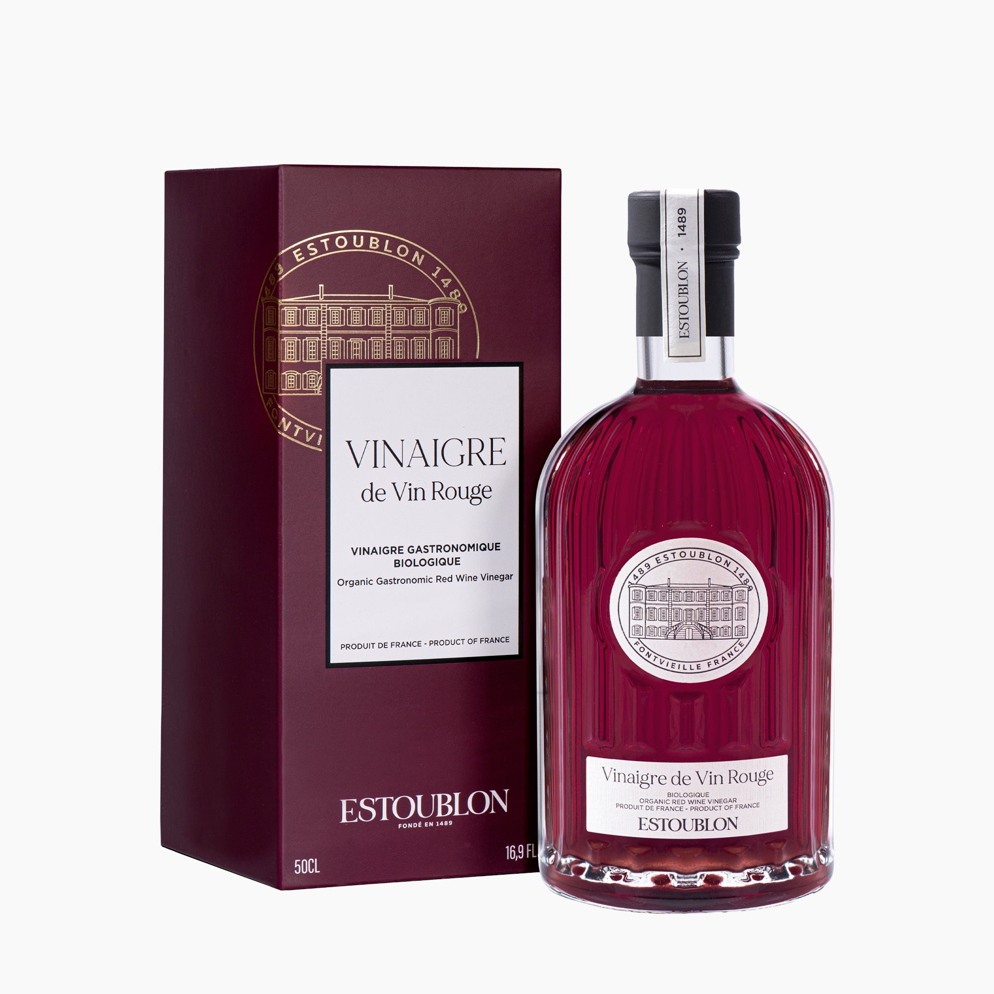 500 ml bottle of Estoublon Organic Red Wine Vinegar beside its gift box.