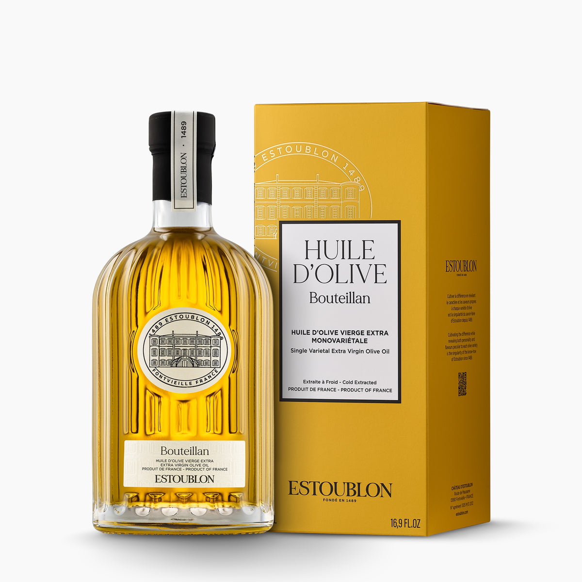 500 ml bottle of Estoublon Bouteillan extra virgin olive oil with its gift box.