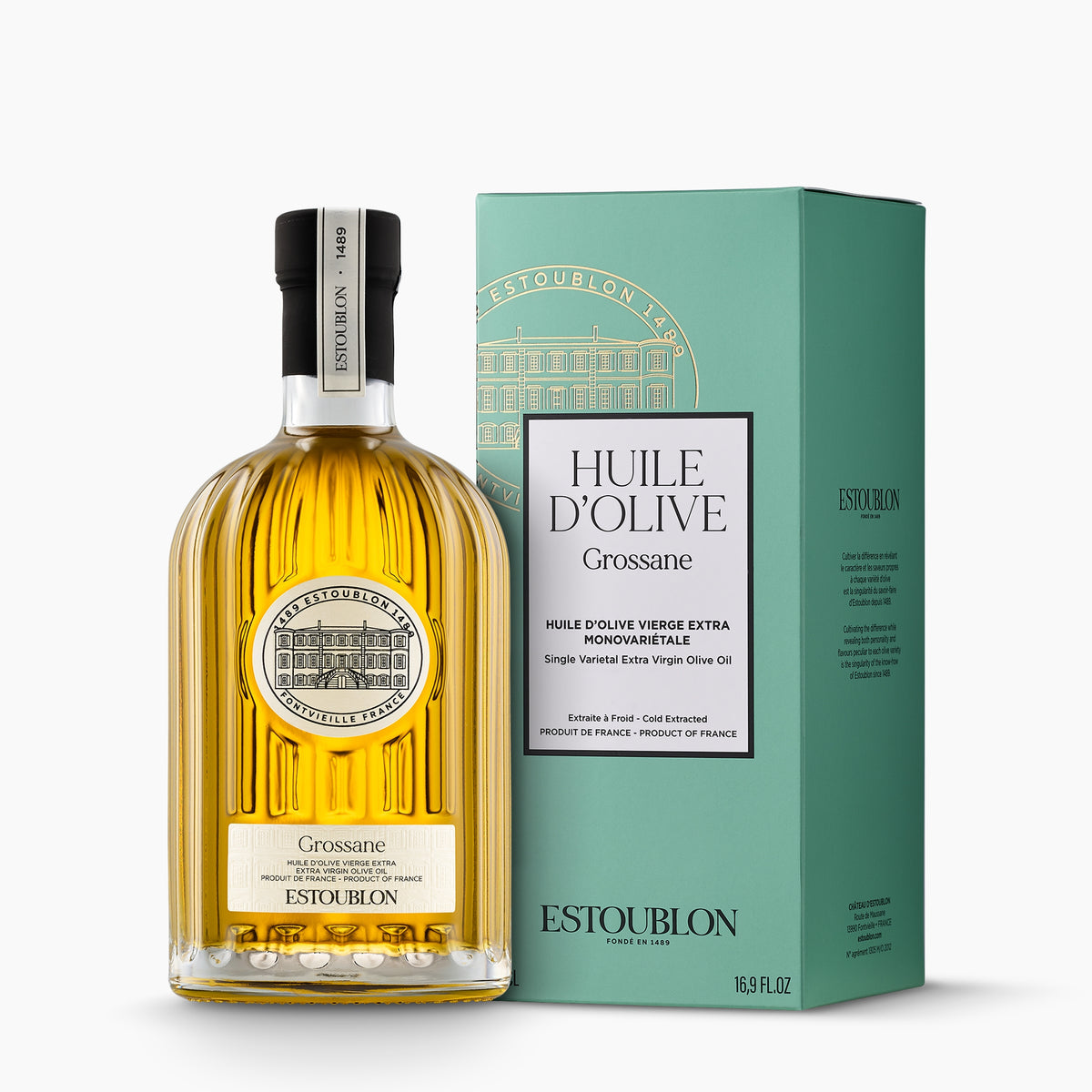 Estoublon Grossane extra virgin olive oil, 500 ml bottle with its gift box.