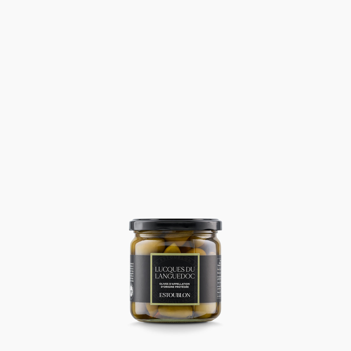 Estoublon Lucques Olives de Languedoc AOP from France in a 380g glass jar.