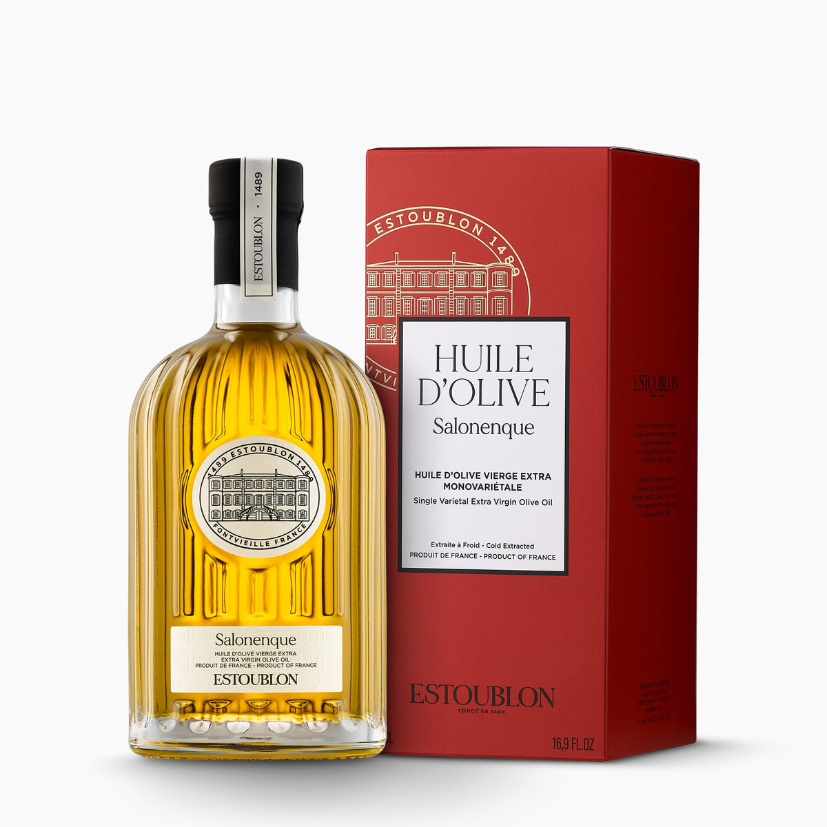 Estoublon Salonenque 500 ml olive oil bottle beside its elegant gift box.