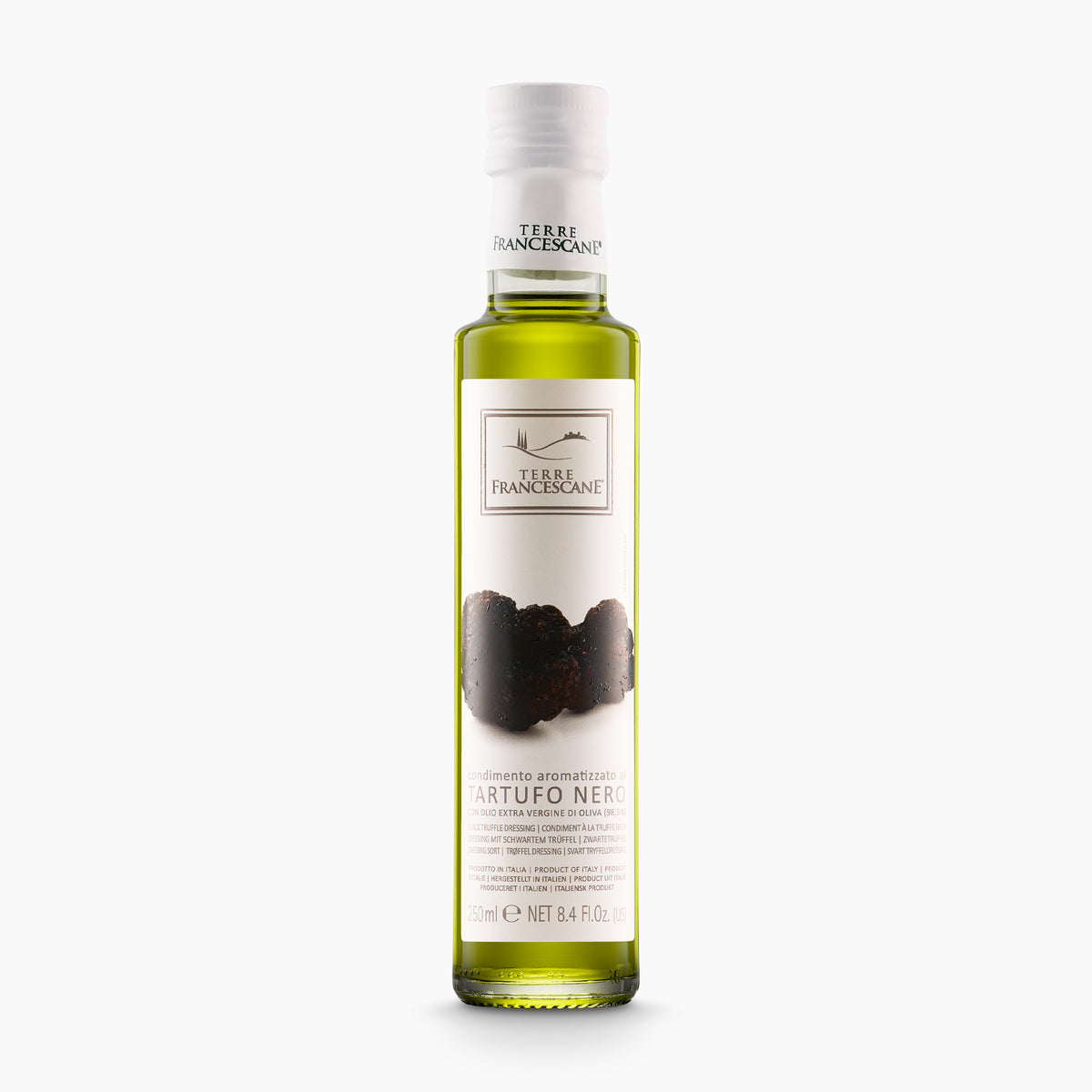 250 ml bottle of Terre Francescane Black Truffle extra virgin olive oil.