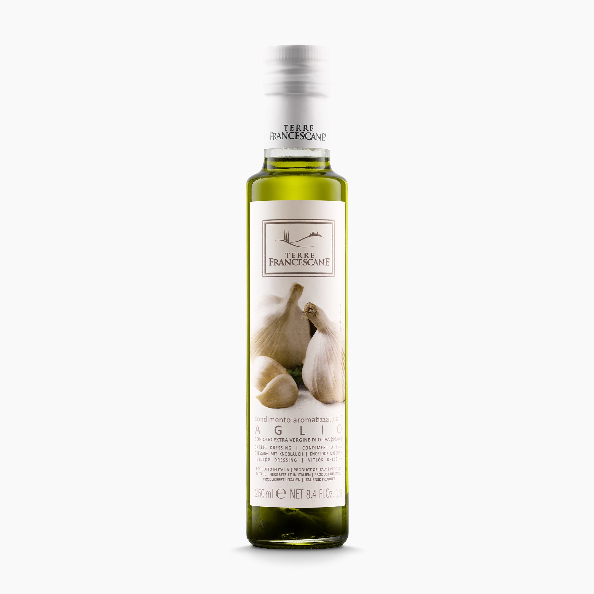 250 ml bottle of Terre Francescane Garlic infused extra virgin olive oil from Umbria, Italy.