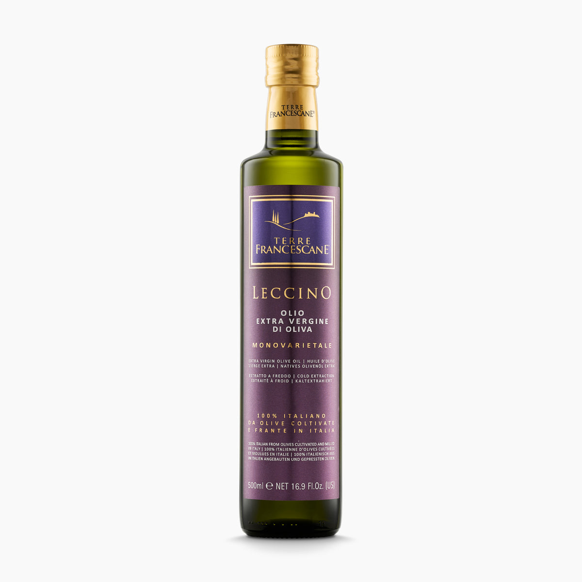500 ml bottle of Terre Francescane Leccino extra virgin olive oil from Umbria, Italy.
