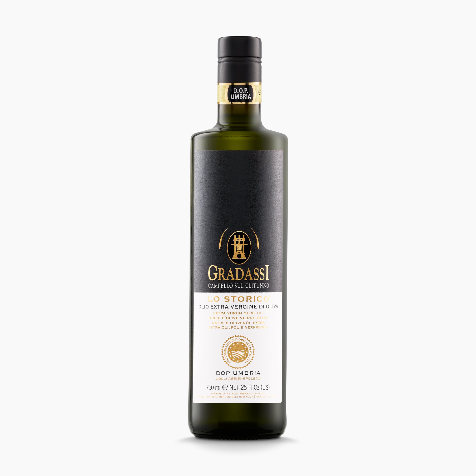 750 ml bottle of Gradassi Lo Storico DOP Assisi Spoleto extra virgin olive oil from Umbria, Italy.