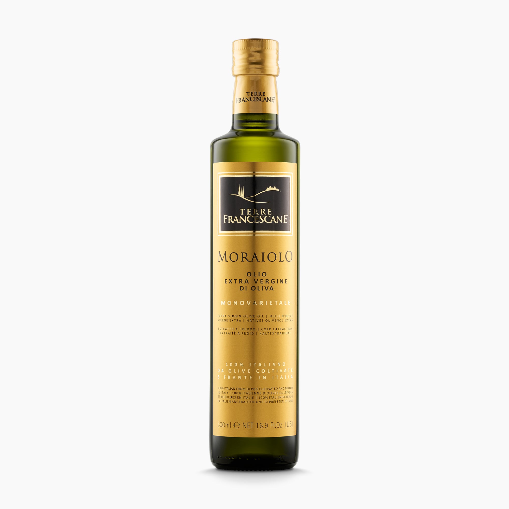 Terre Francescane Moraiolo 500 ml extra virgin olive oil bottle from Umbria, Italy.