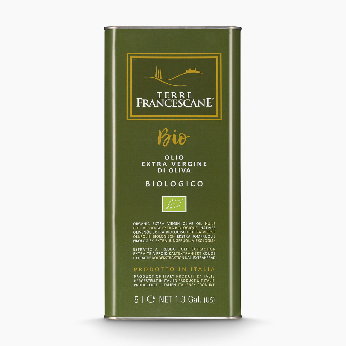A 5L Tin of Terre Francescane Organic extra virgin olive oil from Umbria, Italy.