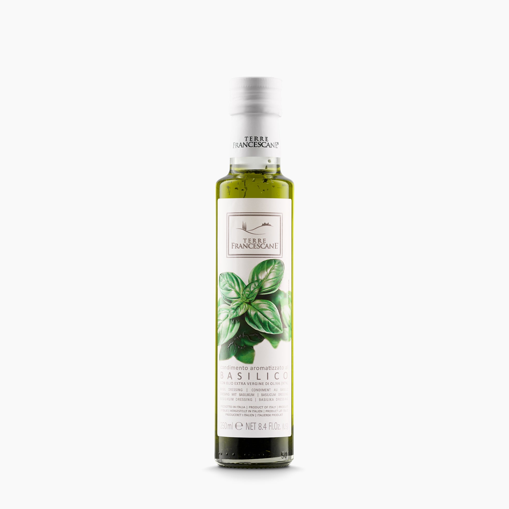 250 ml bottle of Terre Francescane Basil infused extra virgin olive oil from Umbria, Italy.
