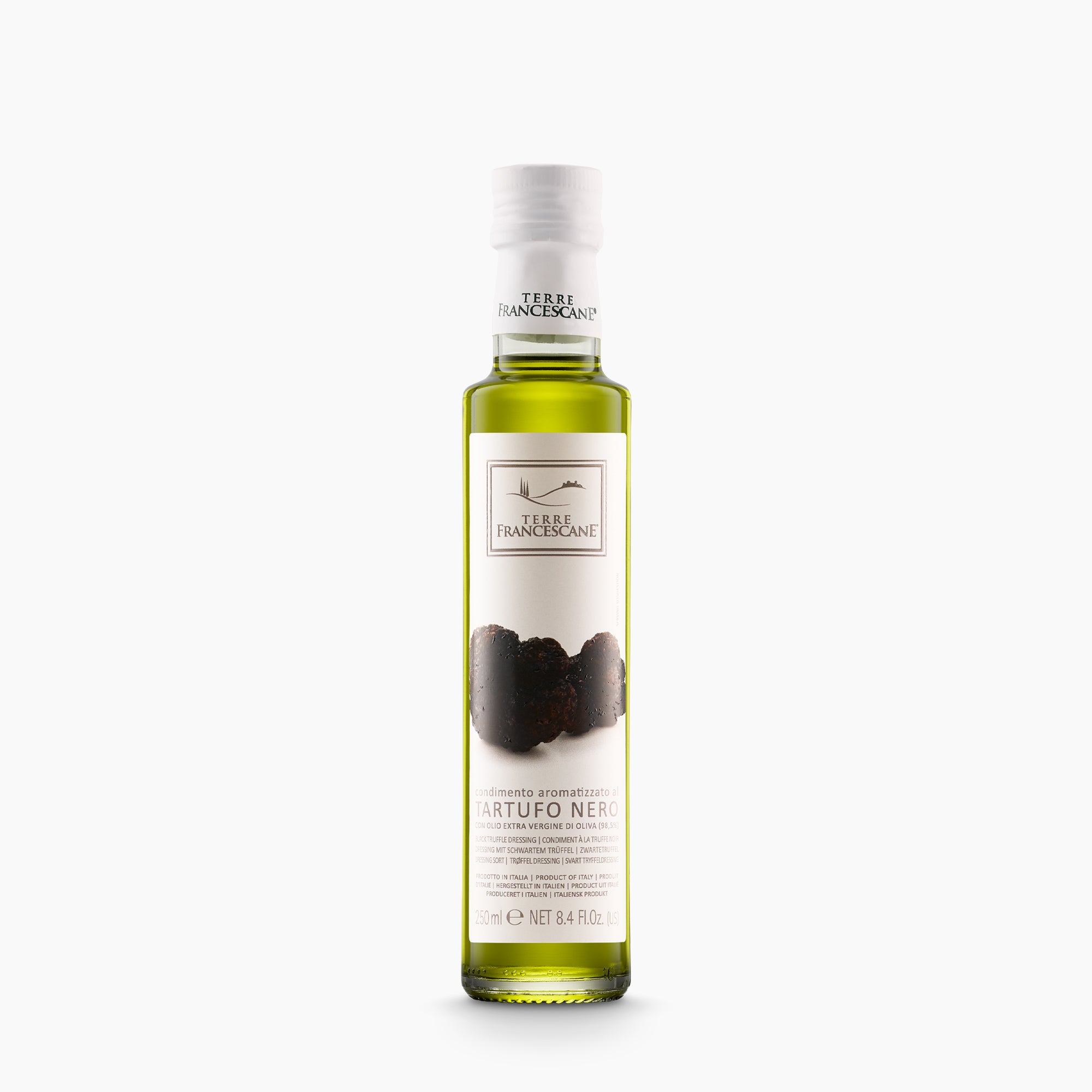 250 ml bottle of Terre Francescane Black Truffle extra virgin olive oil.