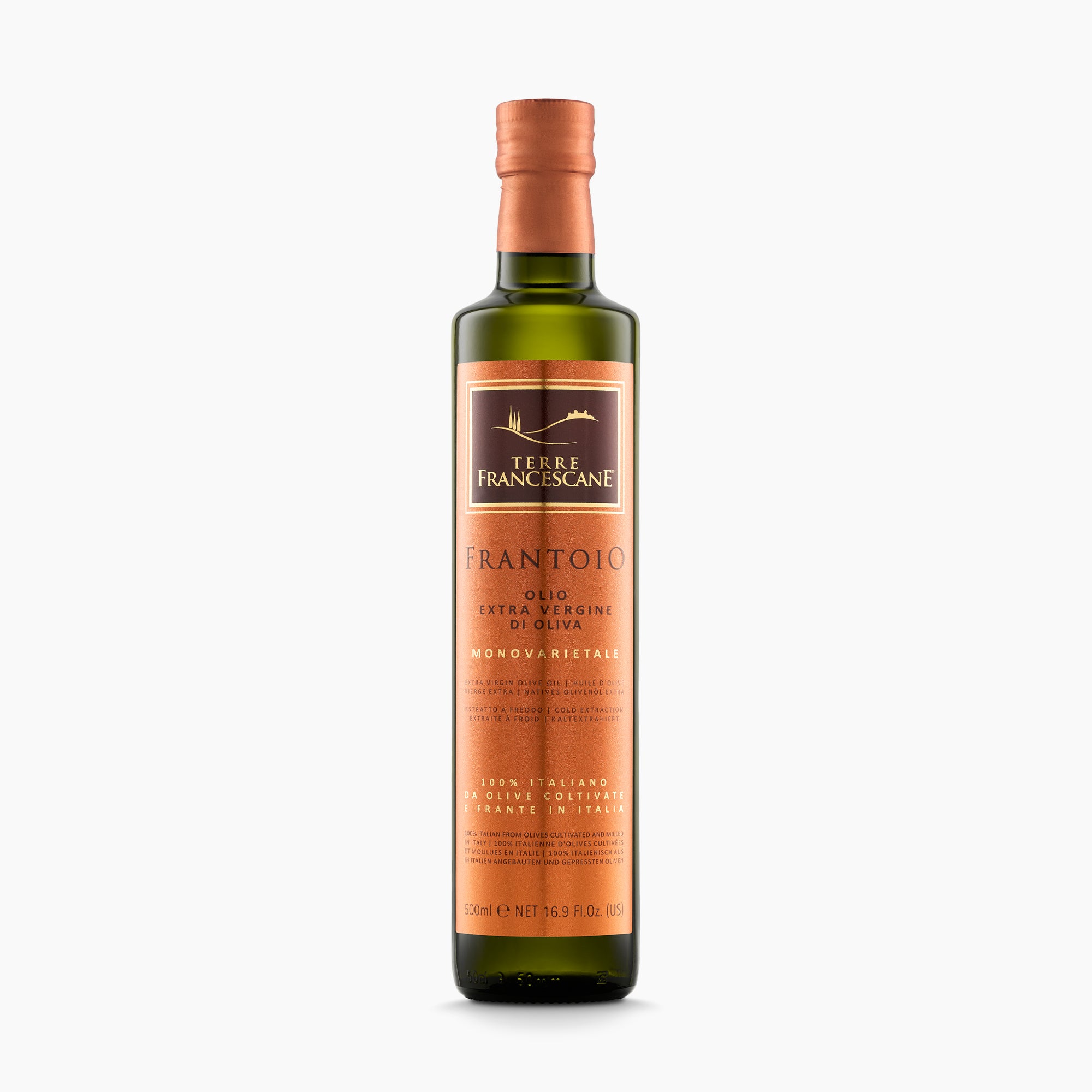 500 ml bottle of Terre Francescane Frantoio extra virgin olive oil from Umbria, Italy.