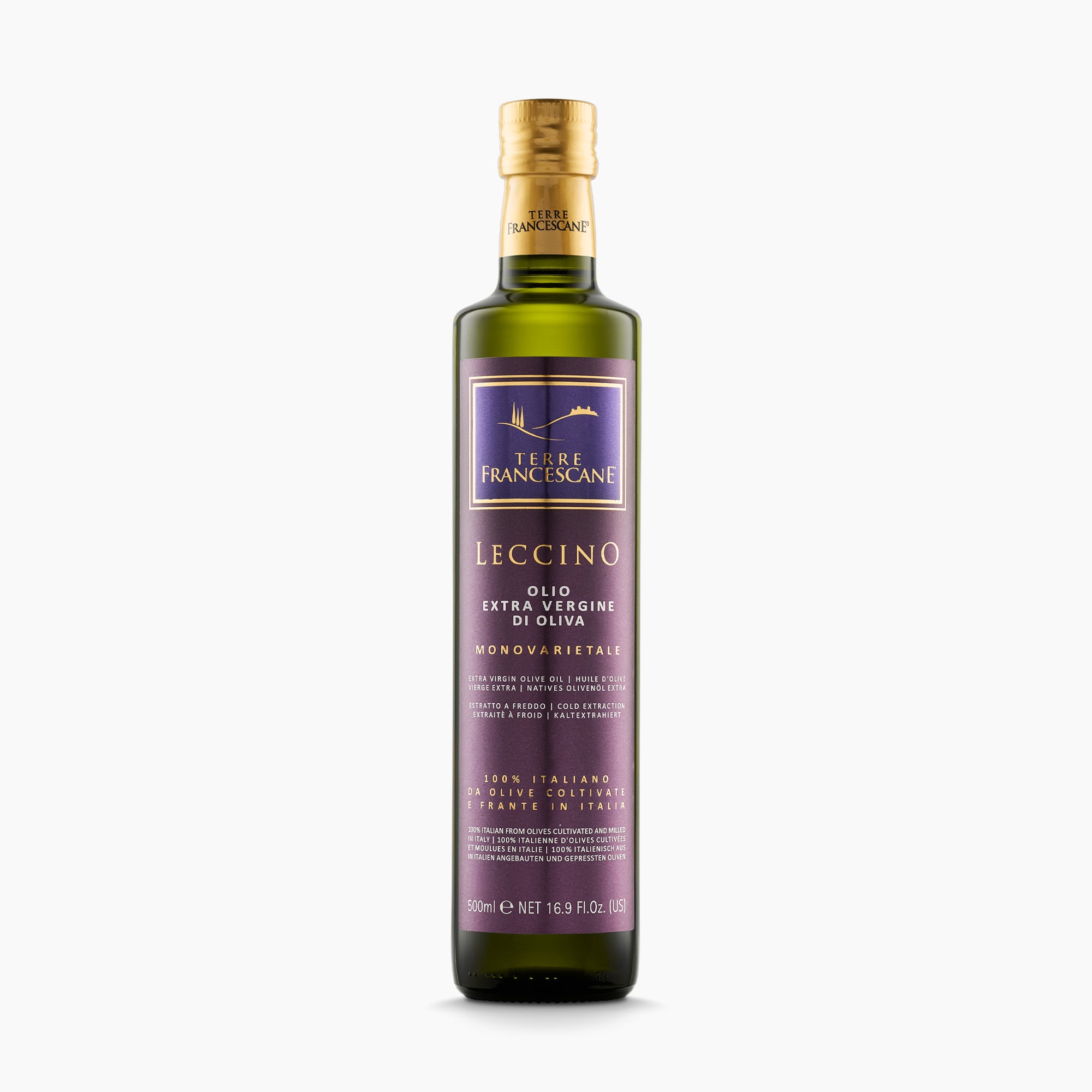 500 ml bottle of Terre Francescane Leccino extra virgin olive oil from Umbria, Italy.