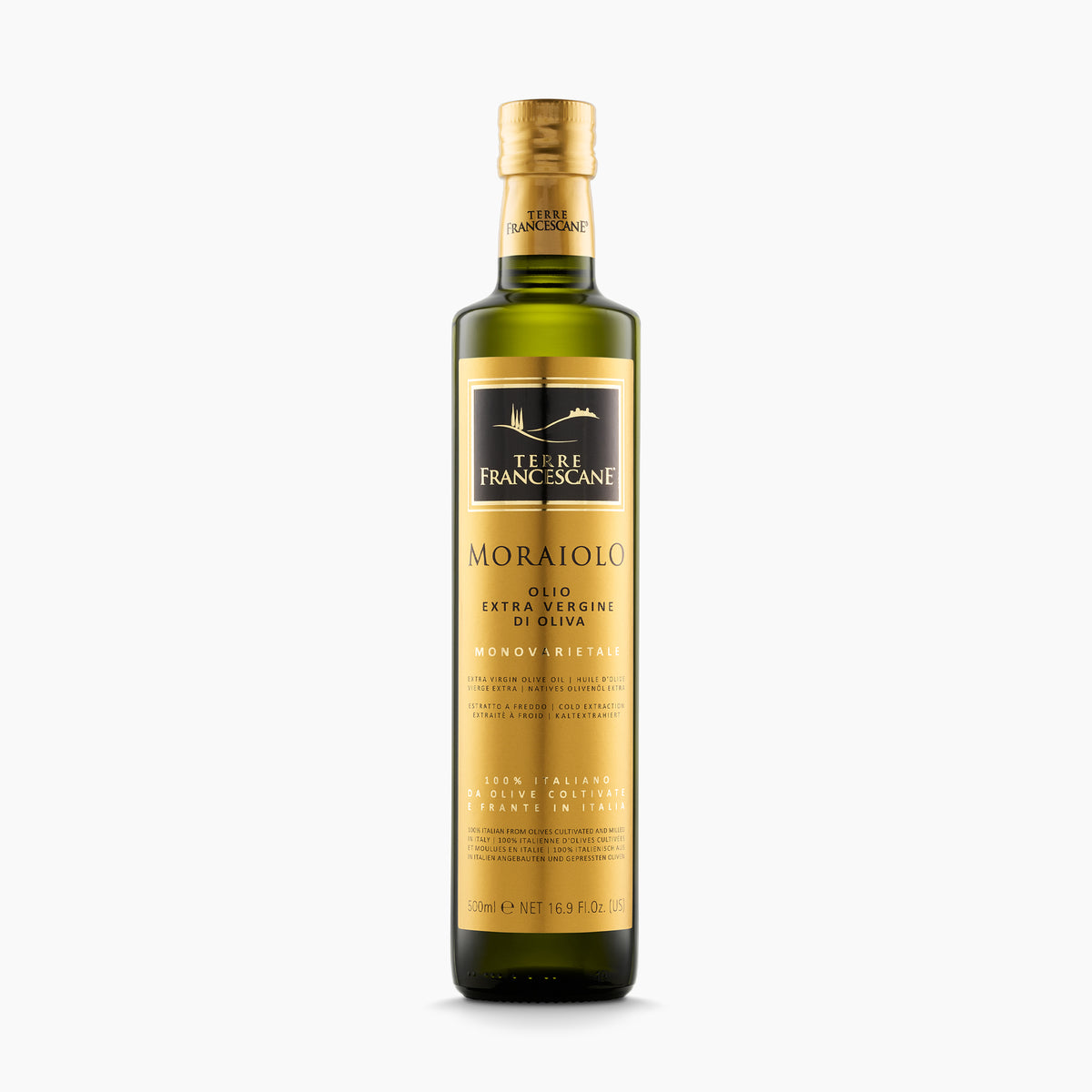 Terre Francescane Moraiolo 500 ml extra virgin olive oil bottle from Umbria, Italy.