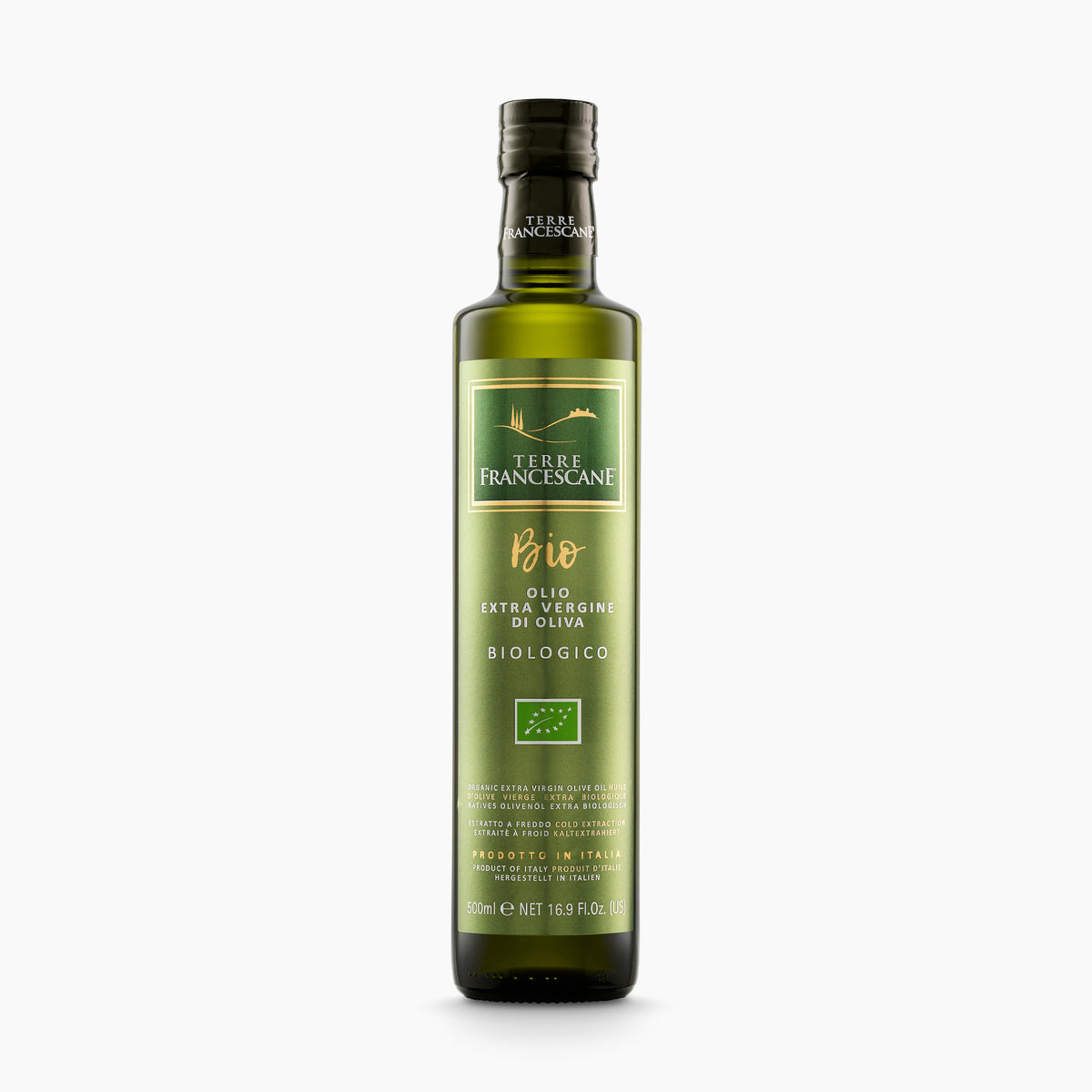 Terre Francescane Organic extra virgin olive oil in a 500 ml bottle from Umbria, Italy.