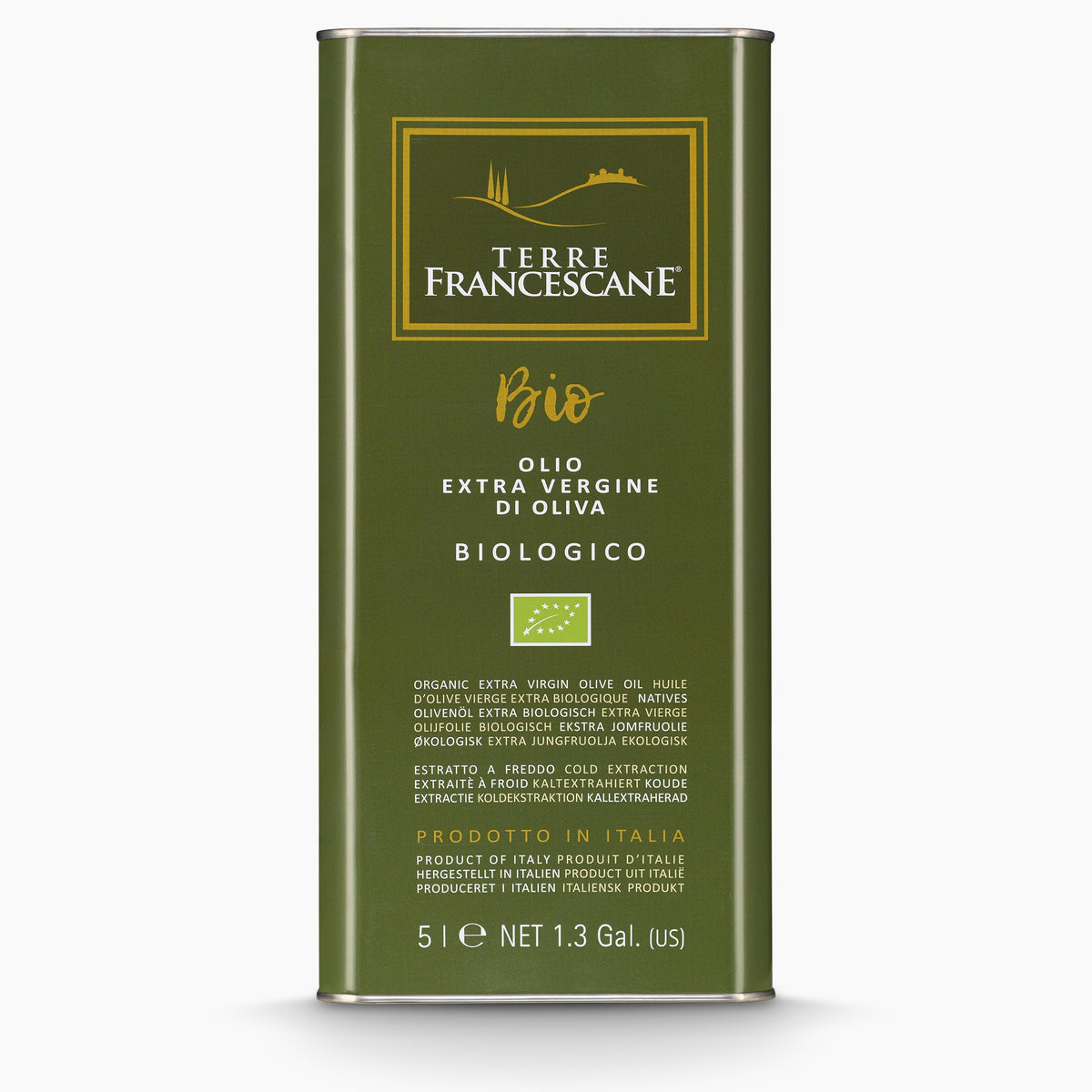A 5L Tin of Terre Francescane Organic extra virgin olive oil from Umbria, Italy.