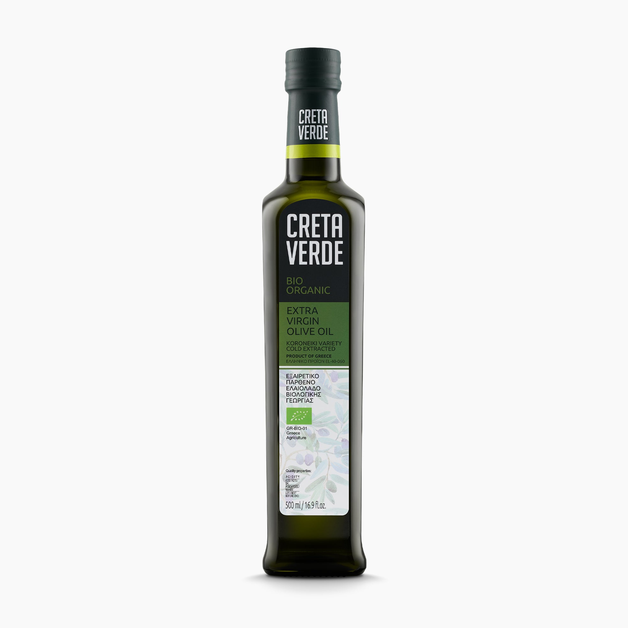 500ml bottle of Creta Verde Organic extra virgin olive oil from Crete, Greece.
