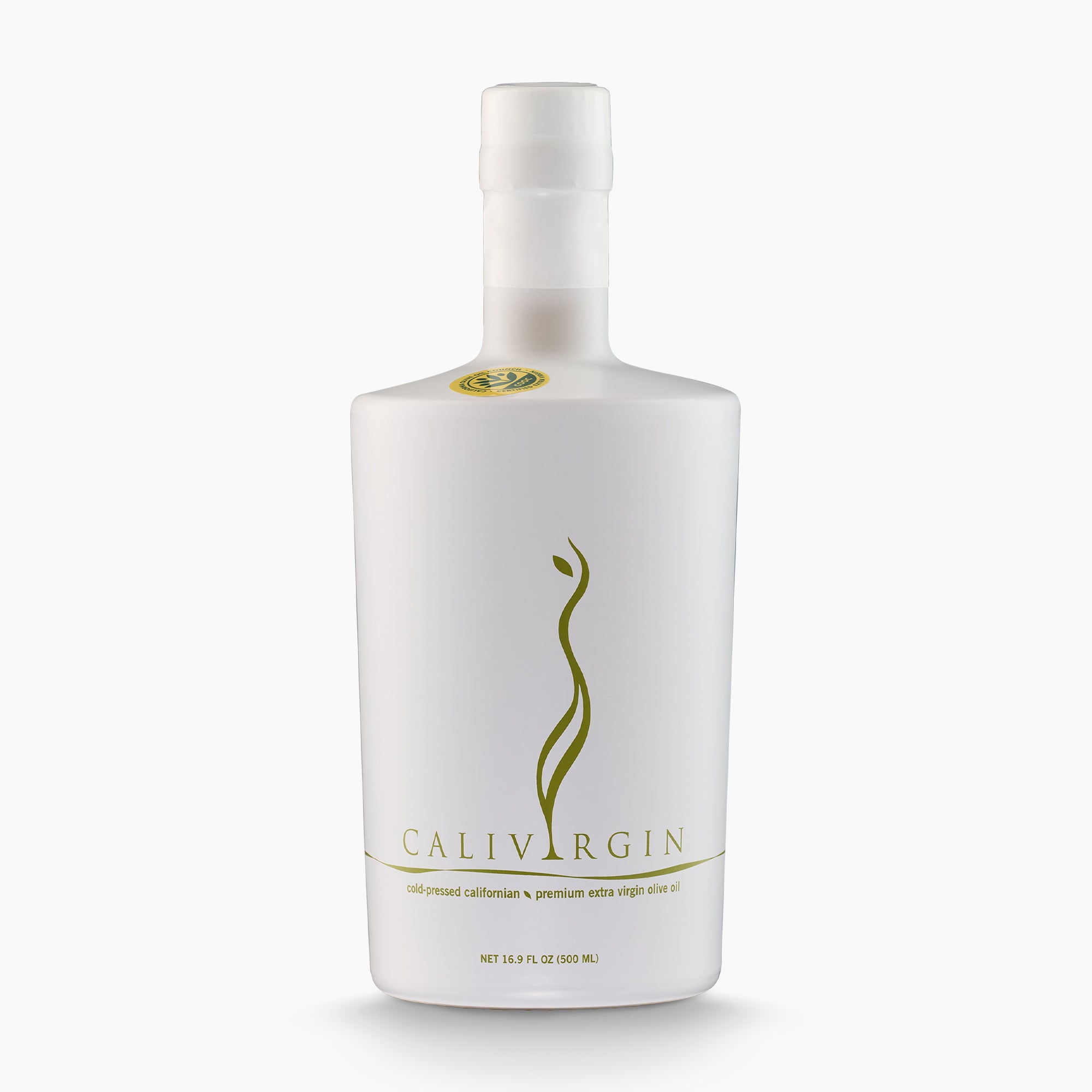 Calivirgin Premium California extra virgin olive oil in a 500 ml bottle.
