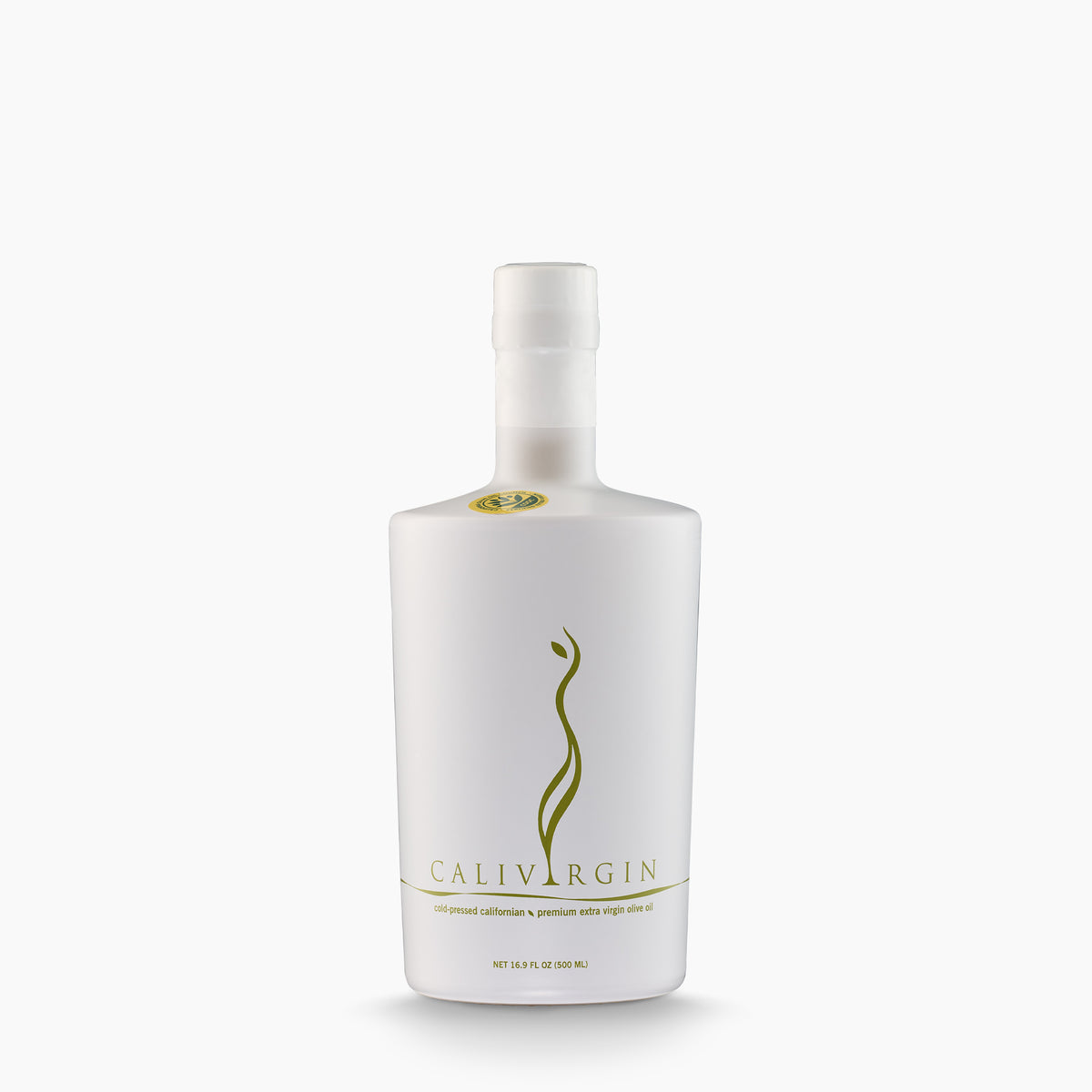 Calivirgin Premium California extra virgin olive oil in a 500 ml bottle.