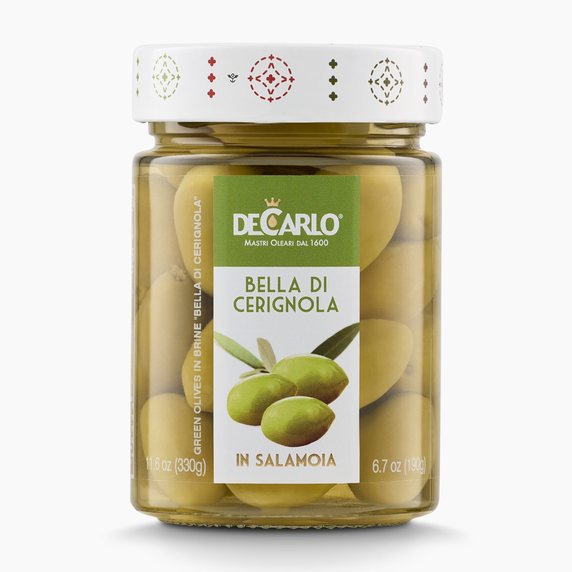 190g jar of De Carlo Bella di Cerignola Olives from Puglia, Italy.