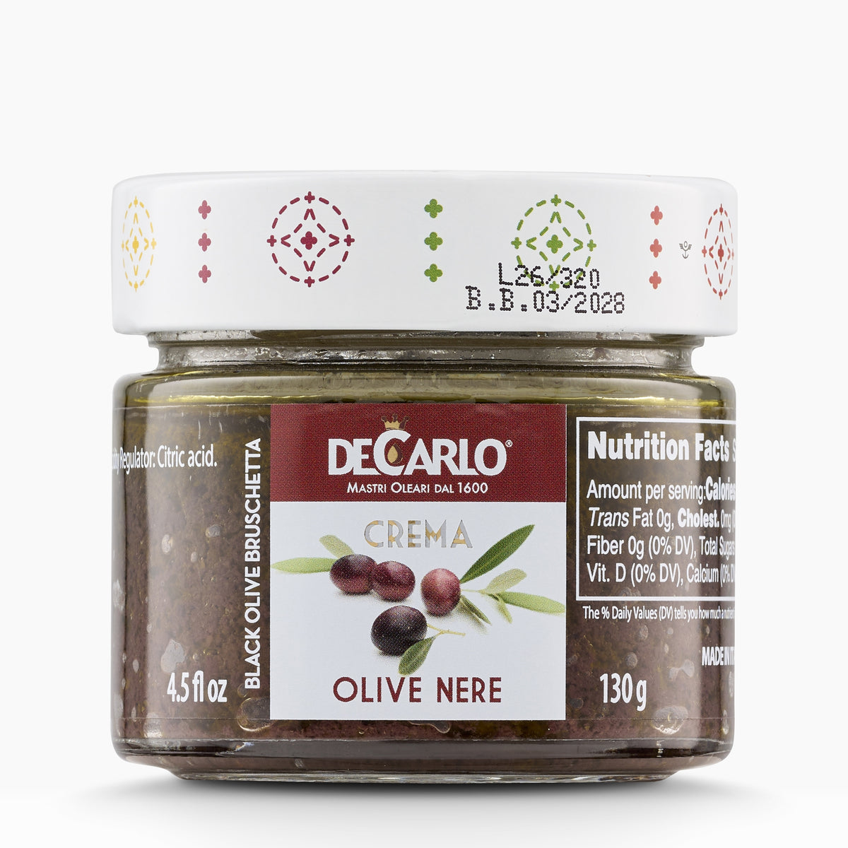 De Carlo Black Olive Bruschetta Cream in a 130g glass jar.