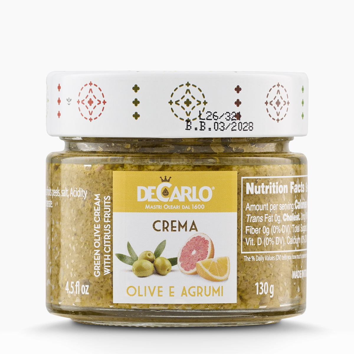De Carlo Green Olive Cream with Citrus Fruits in a 130g glass jar.