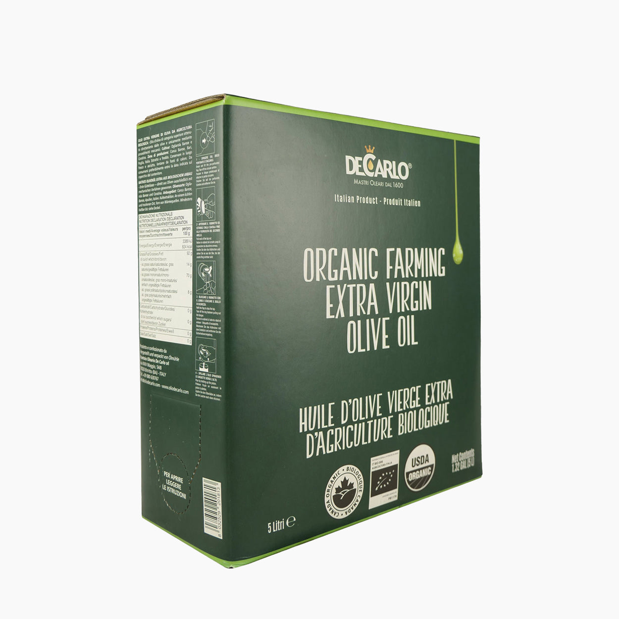 Angled view of De Carlo Il Biologico 5L Bag-in-Box extra virgin olive oil.