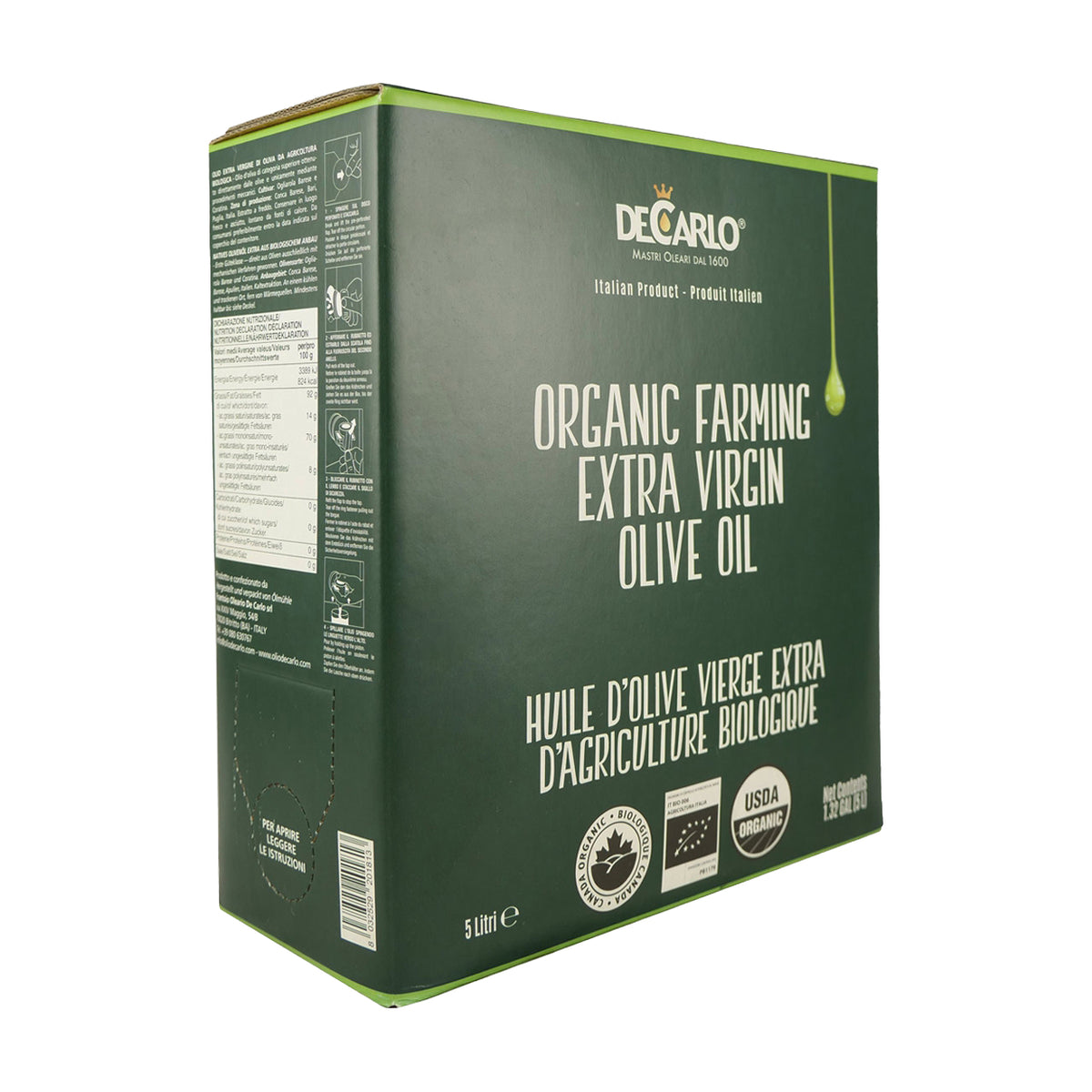 Angled view of De Carlo Il Biologico 5L Bag-in-Box extra virgin olive oil.