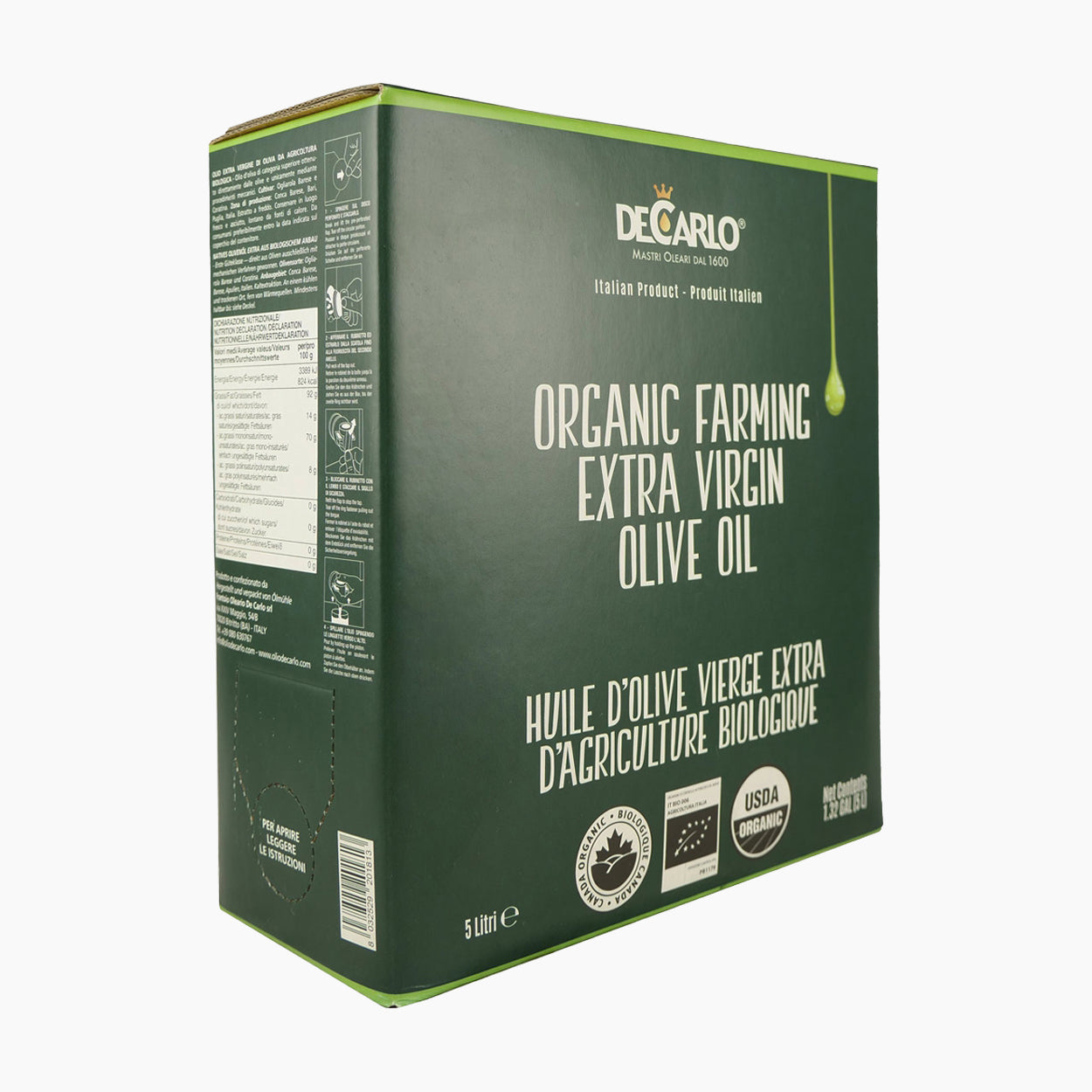 Angled view of De Carlo Il Biologico 5L Bag-in-Box extra virgin olive oil.
