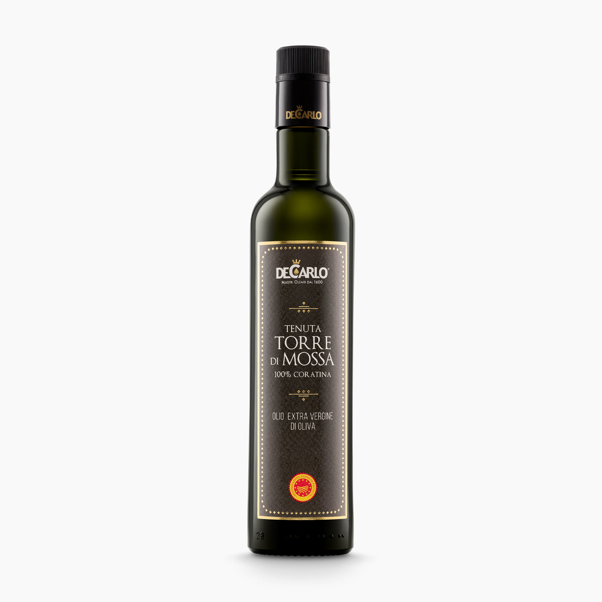 A 500 ml bottle of De Carlo Tenuta Torre di Mossa DOP Terra di Bari extra virgin olive oil, from Puglia, Italy.