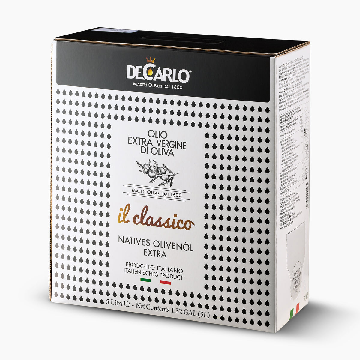 Angled view of De Carlo Il Classico 5L Bag-in-Box extra virgin olive oil from Puglia, Italy.