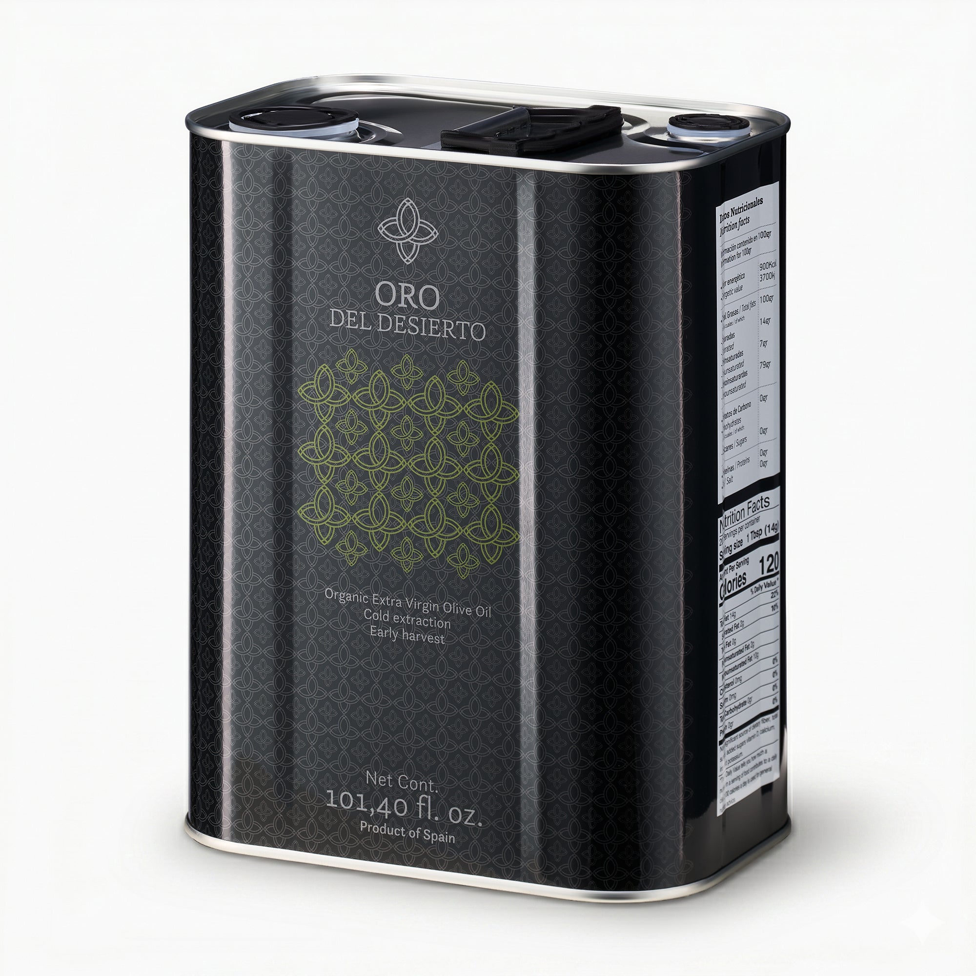 Angled view of Oro del Desierto Organic extra virgin olive oil 3L tin.