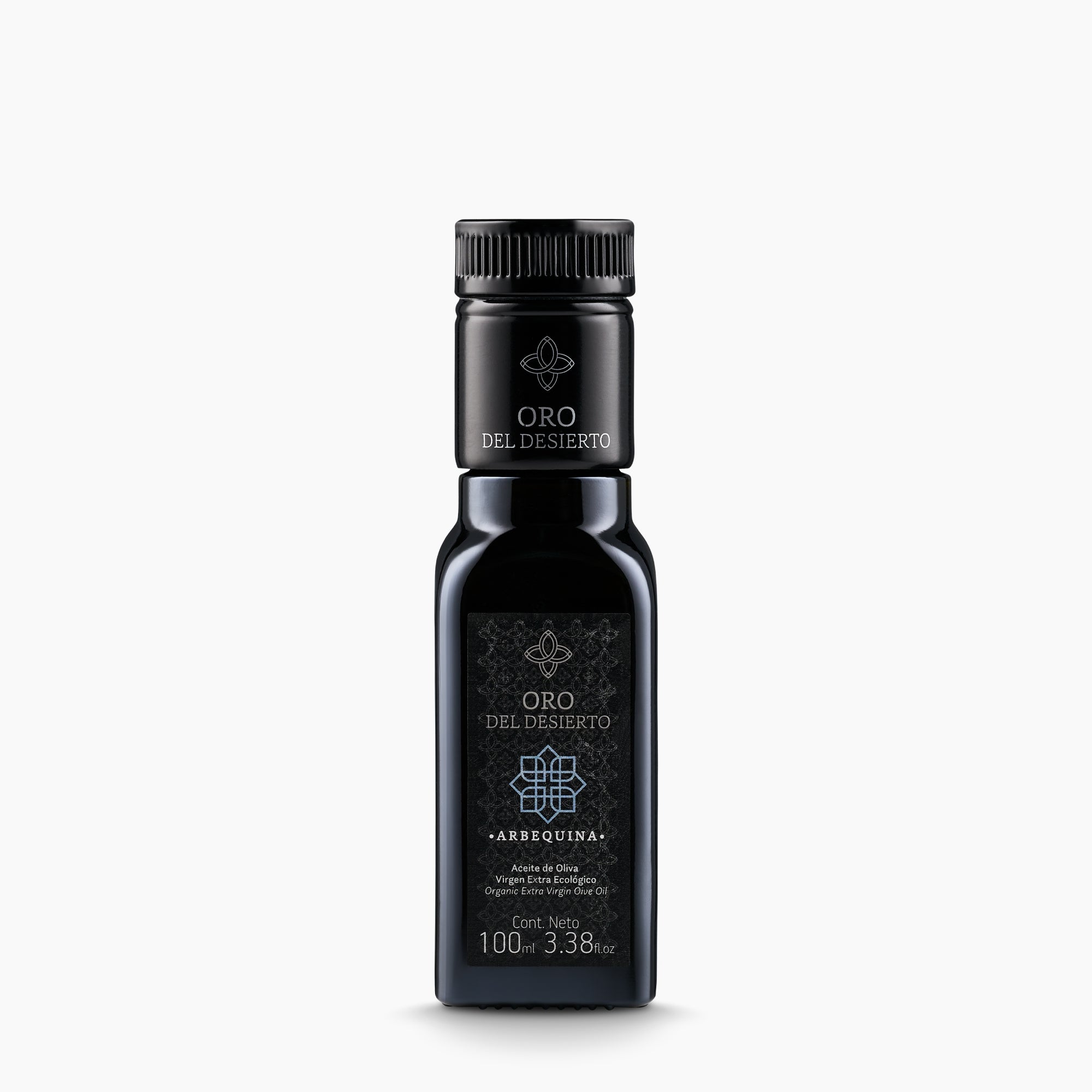 100 ml bottle of Oro del Desierto Organic Arbequina extra virgin olive oil from Spain.