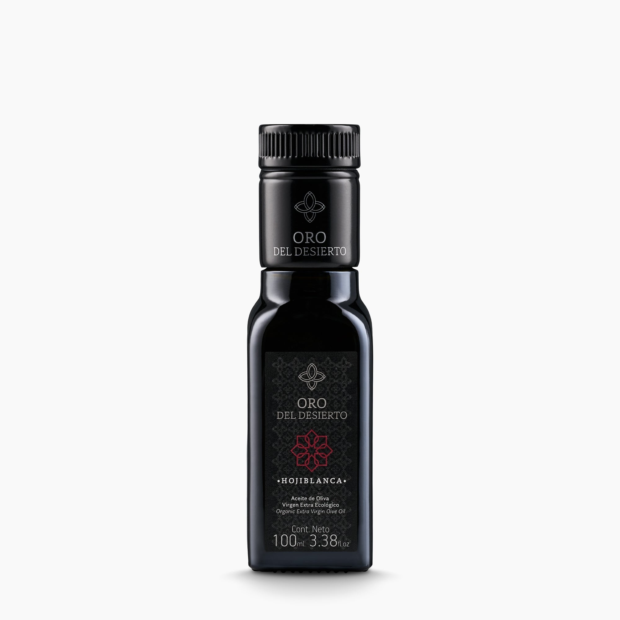 100 ml bottle of Spanish Oro del Desierto Organic Hojiblanca extra virgin olive oil.