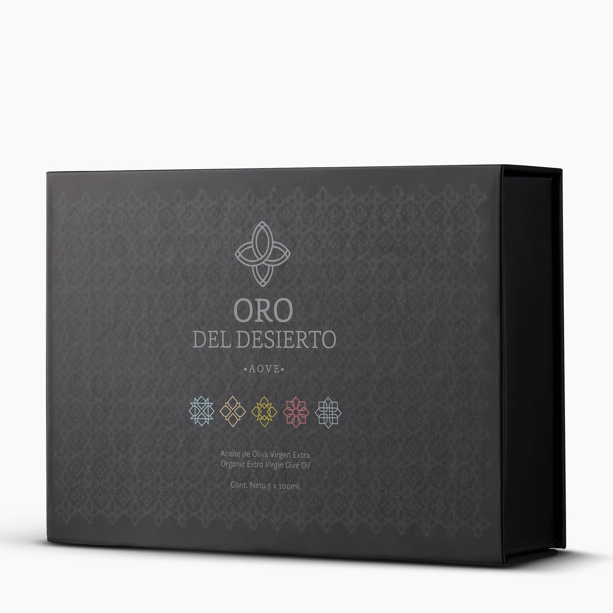 Εlegant gift box containing five 100 ml bottles of Oro del Desierto Organic extra virgin olive oil.